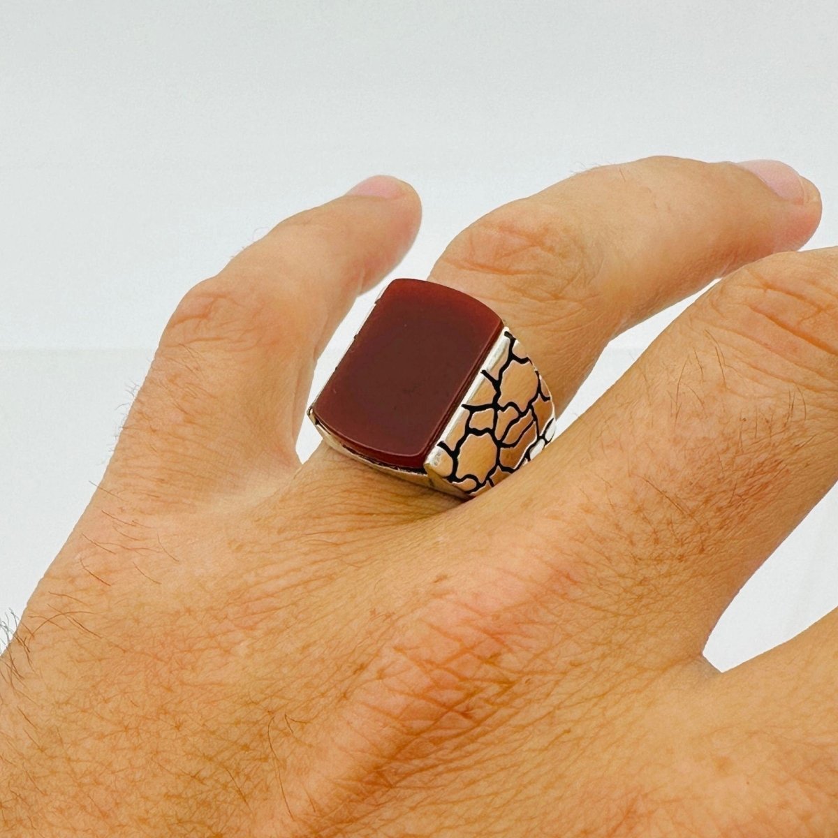 Red Agate Silver Men's Ring