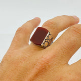 Red Agate Silver Men's Ring