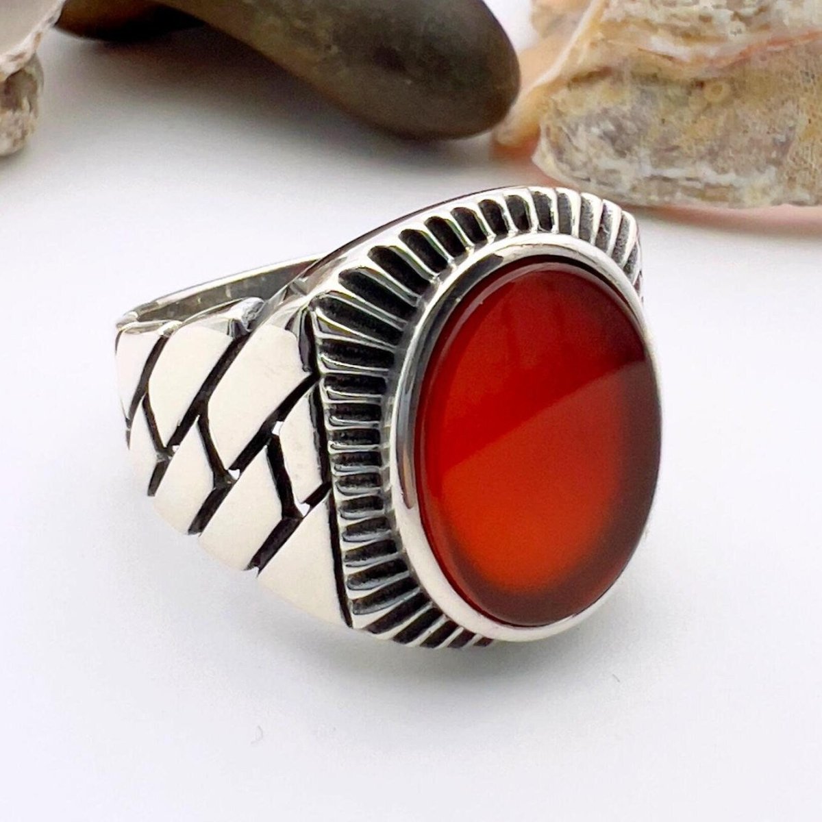 Red Oval Agate Stone Men's Silver Ring