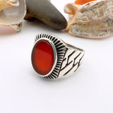 Red Oval Agate Stone Men's Silver Ring