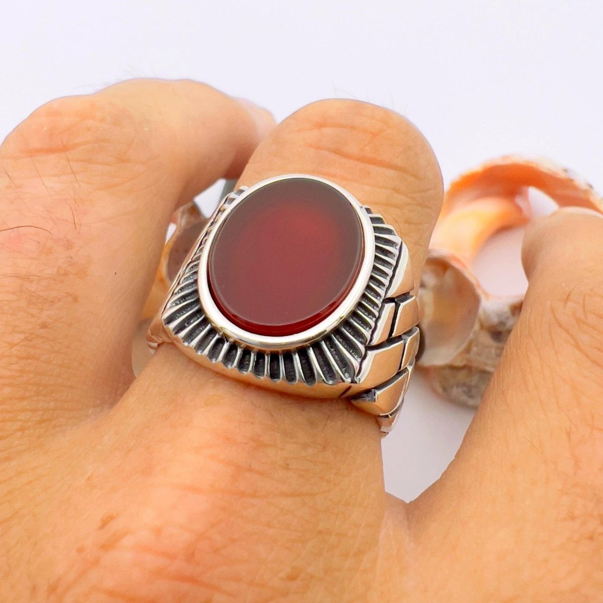 Red Oval Agate Stone Men's Silver Ring