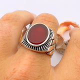 Red Oval Agate Stone Men's Silver Ring