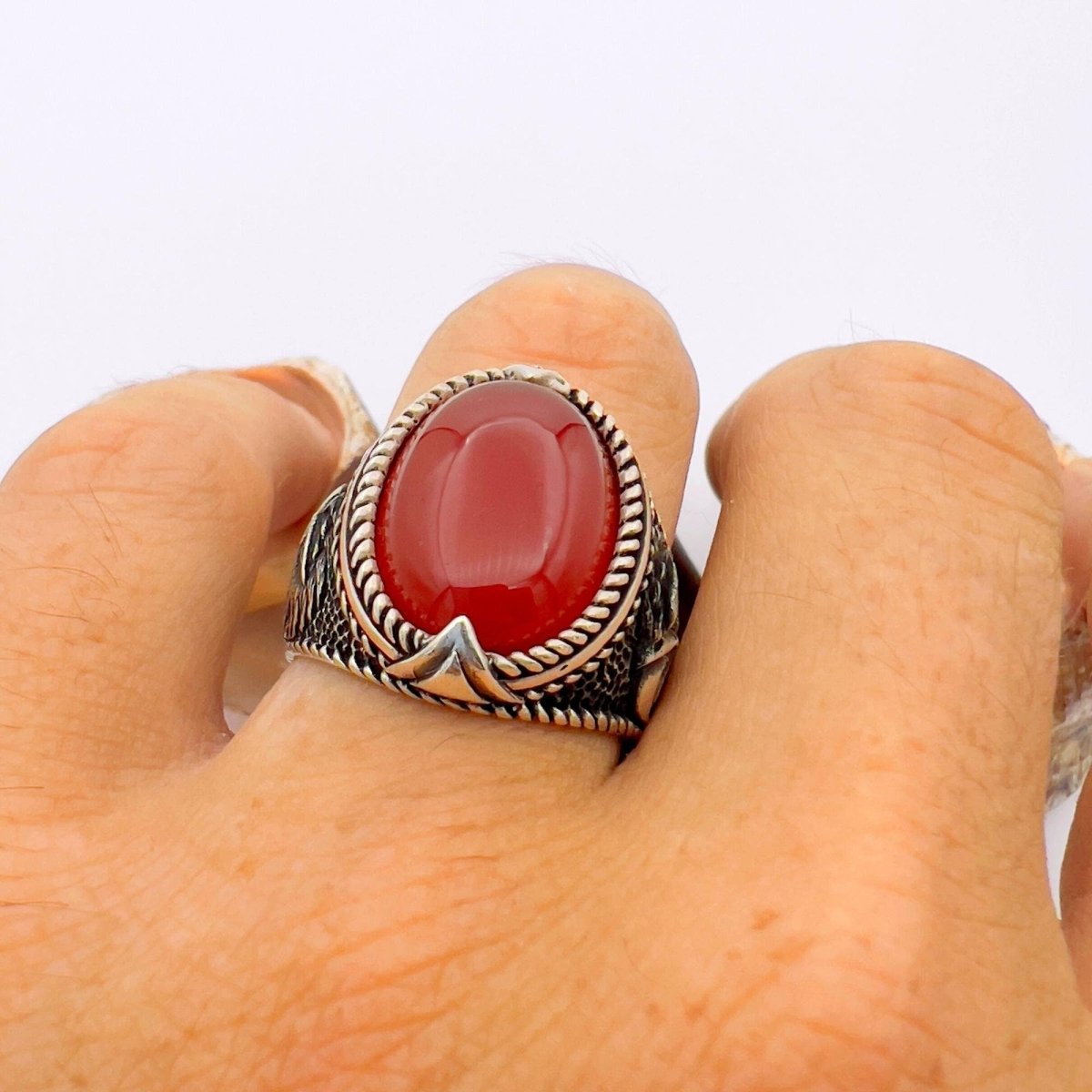 Red Oval Agate Stone Silver Men's Ring