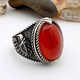 Red Oval Agate Stone Silver Men's Ring