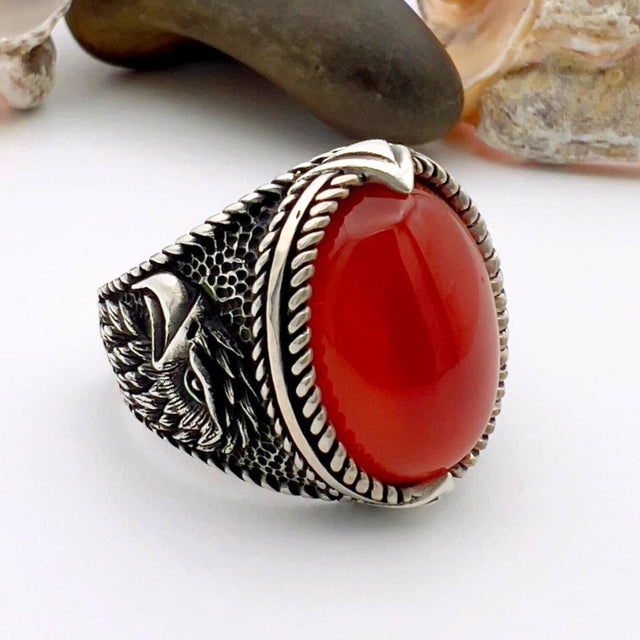 Red Oval Agate Stone Silver Men's Ring