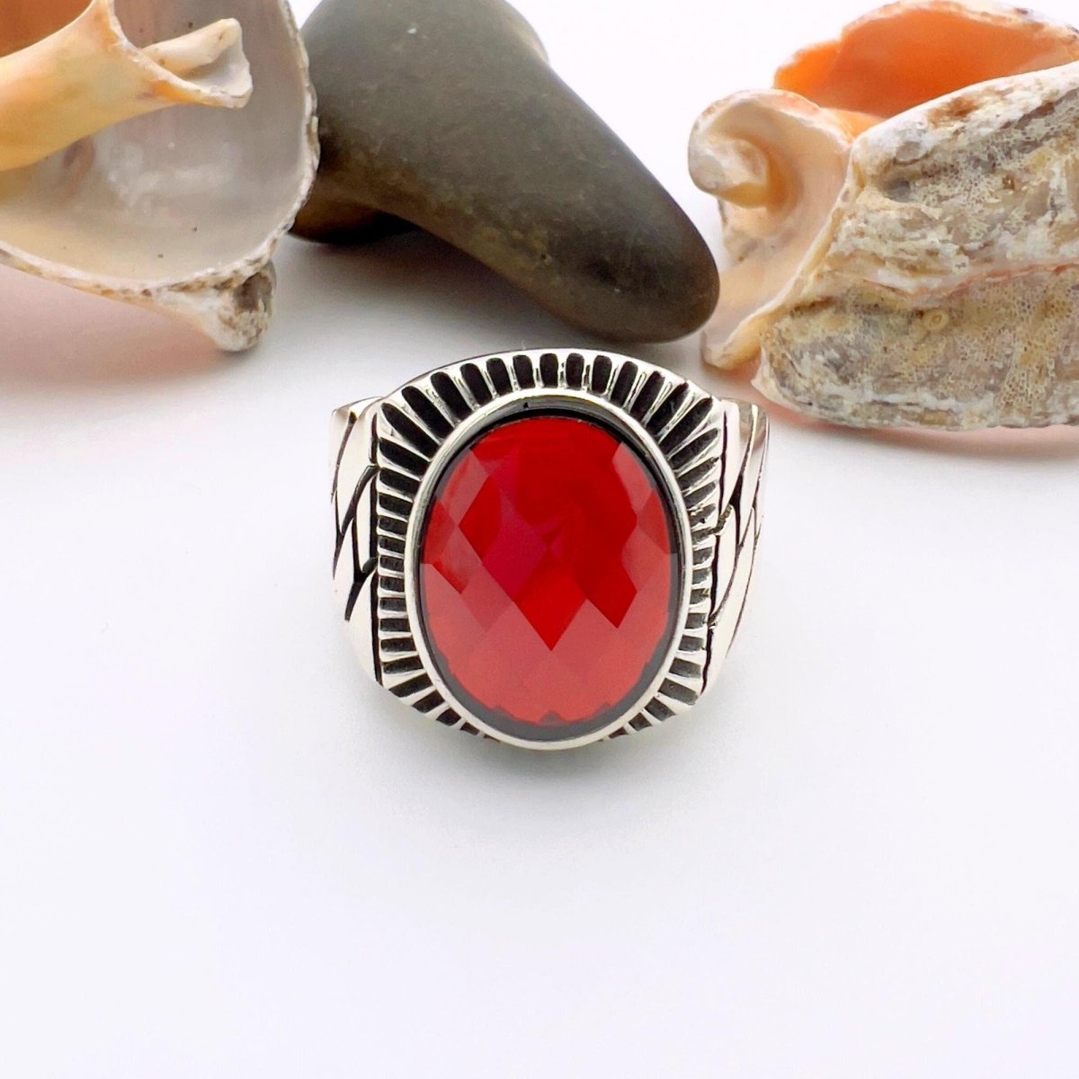 Red Oval Ruby Stone Men's Silver Ring