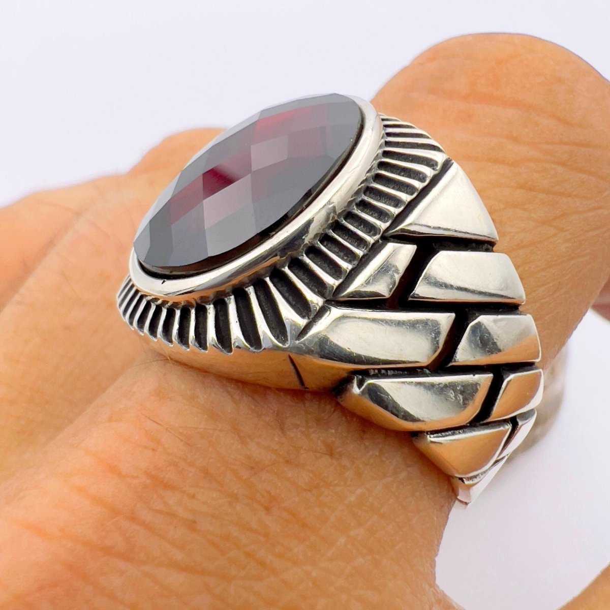 Red Oval Ruby Stone Men's Silver Ring