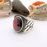 Red Oval Ruby Stone Men's Silver Ring