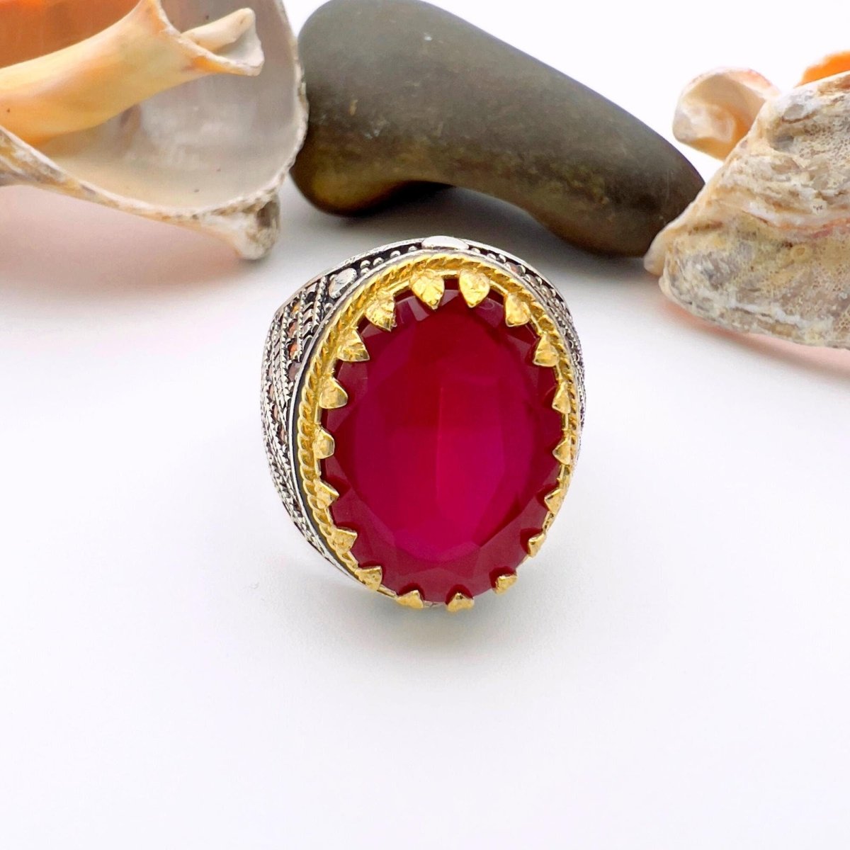 Red Oval Tourmaline Stone Men's Ring