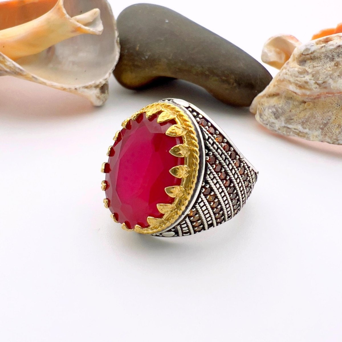 Red Oval Tourmaline Stone Men's Ring