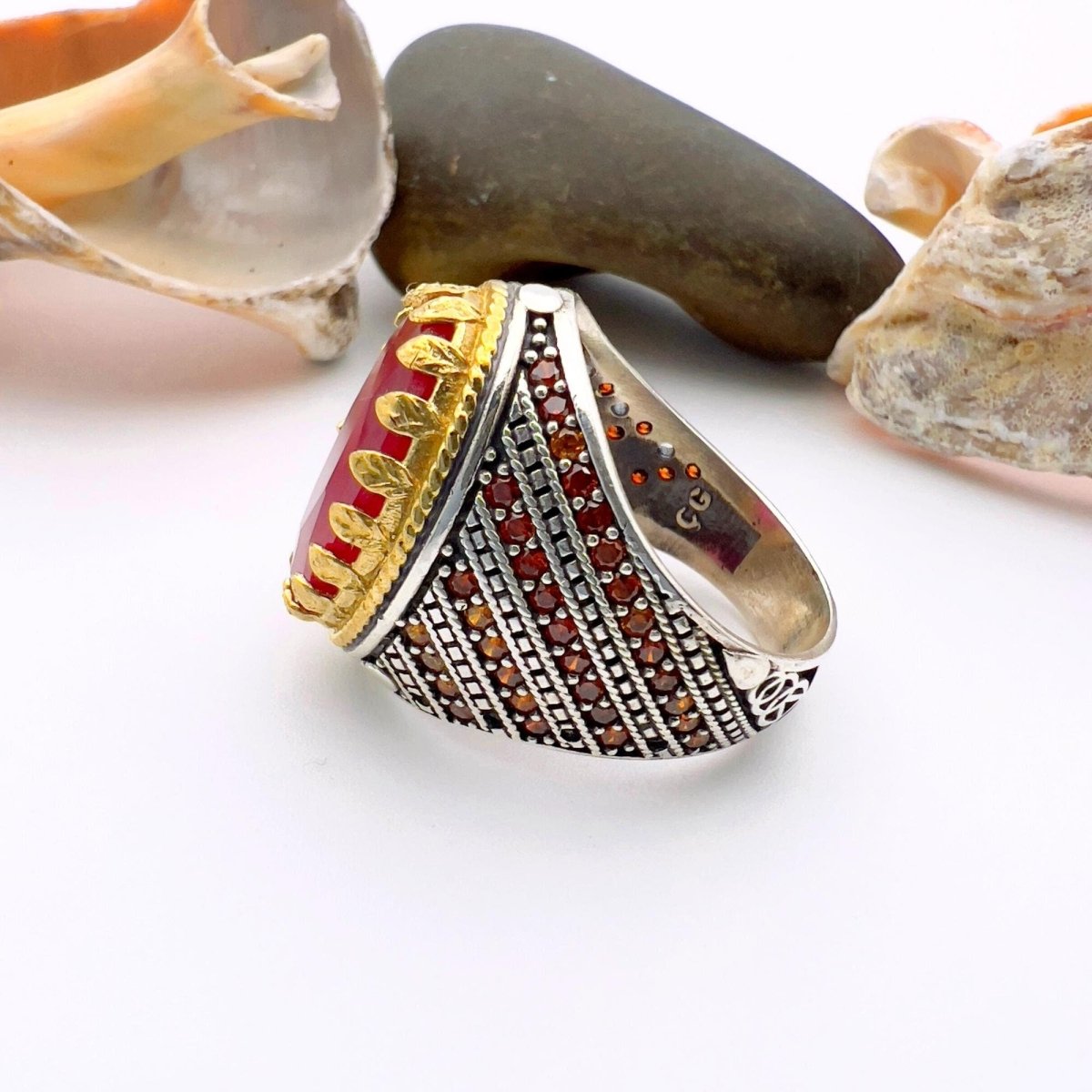 Red Oval Tourmaline Stone Men's Ring