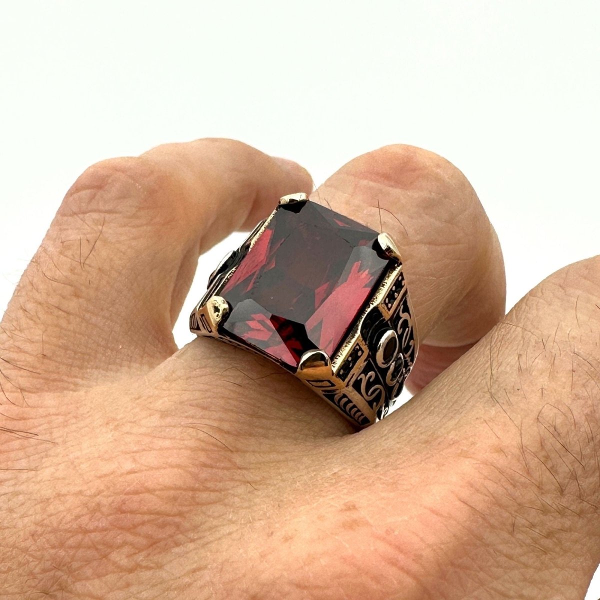 Red Ruby Square Stone Men's Silver Ring