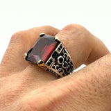 Red Ruby Square Stone Men's Silver Ring