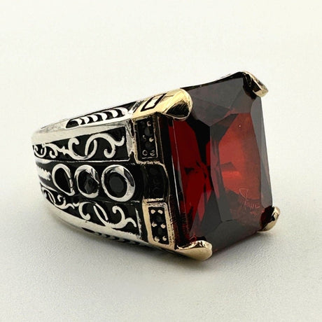 Red Ruby Square Stone Men's Silver Ring