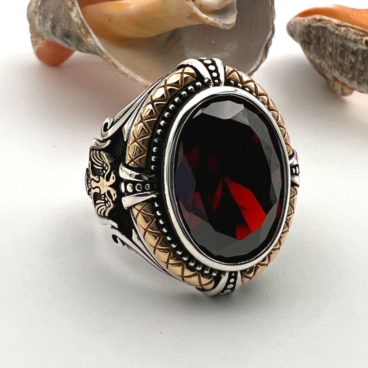 Red Ruby Stone Double Headed Eagle Ring