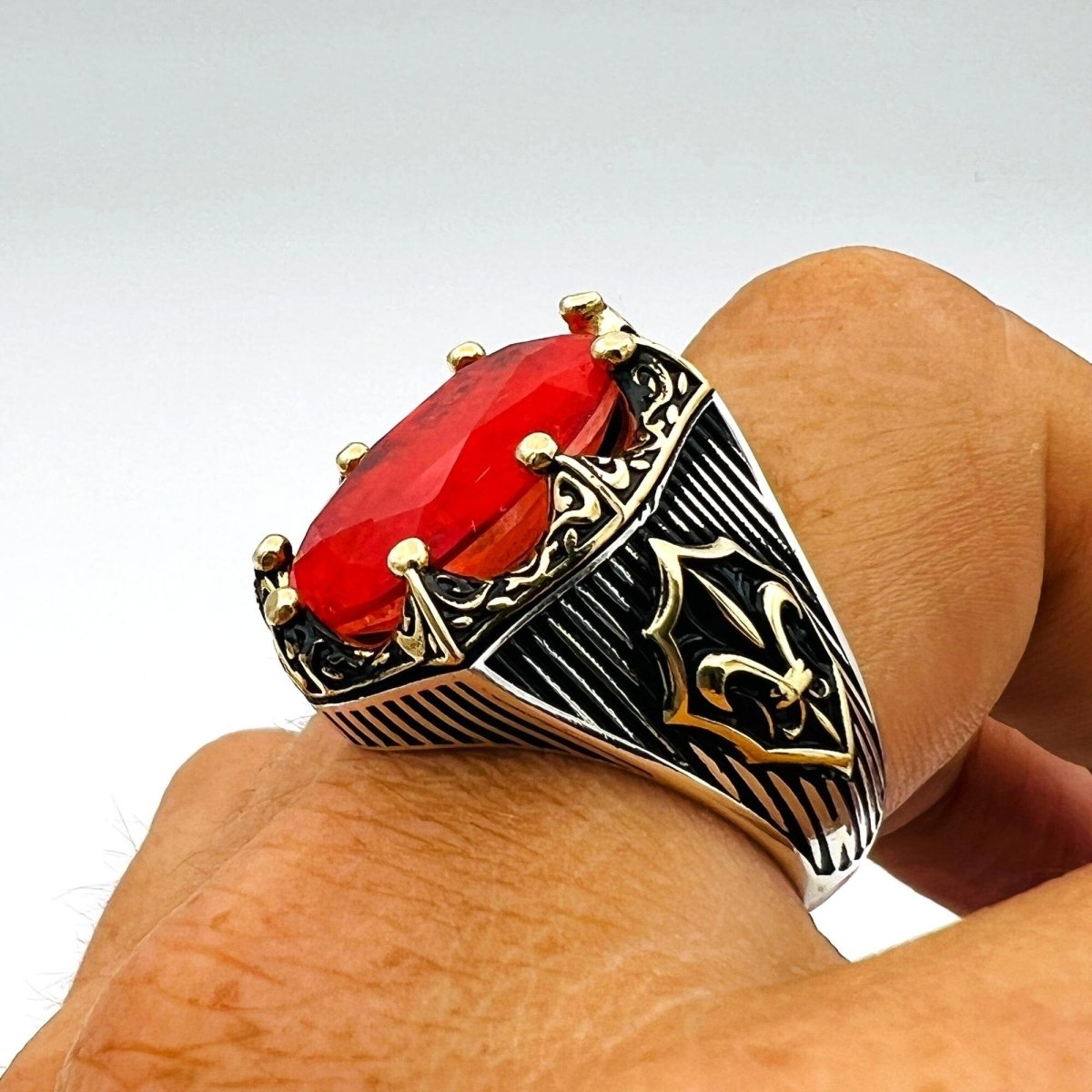 Red Tourmaline Oval Stone Men's Ring