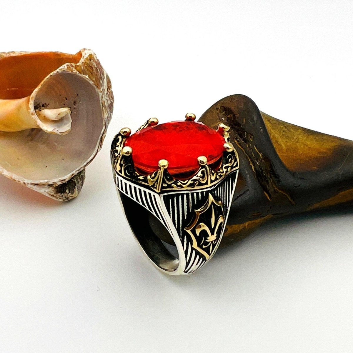 Red Tourmaline Oval Stone Men's Ring