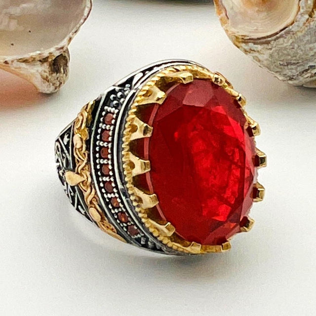 Red Tourmaline Oval Stone Men's Ring