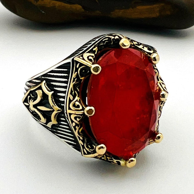 Red Tourmaline Oval Stone Men's Ring