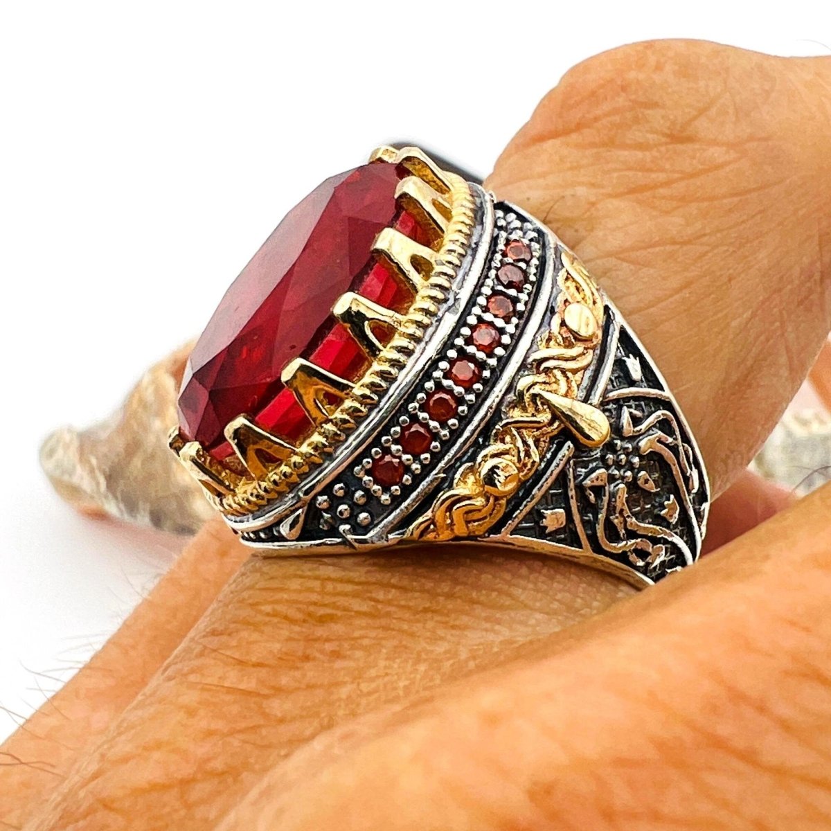 Red Tourmaline Oval Stone Men's Ring