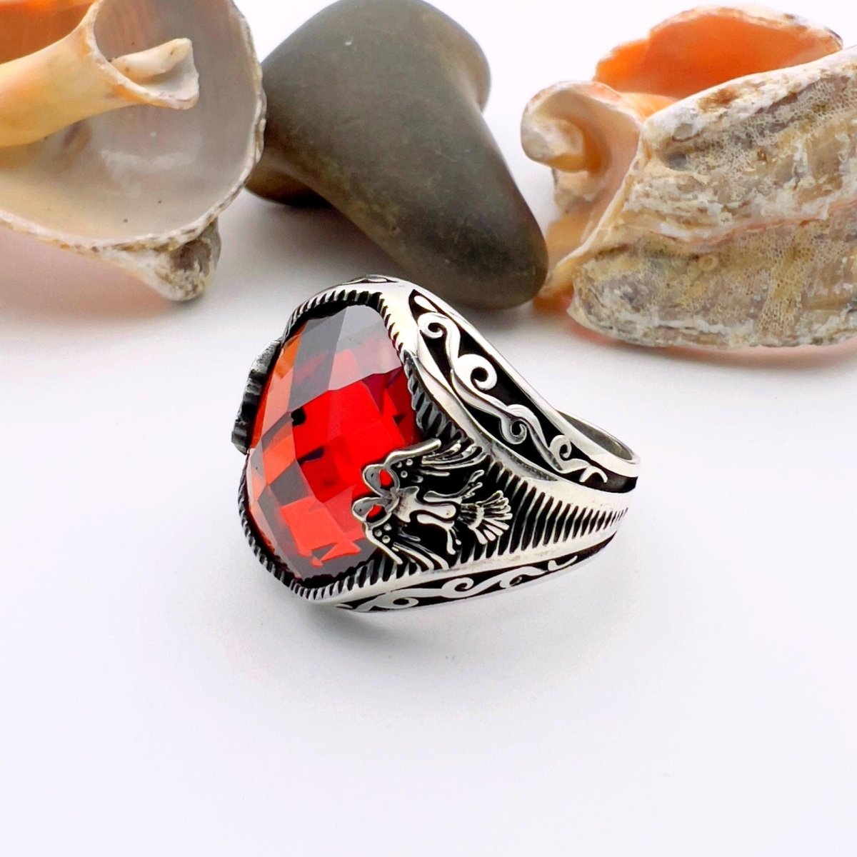 Red Zircon Double Headed Eagle Men's Ring - TryAladdin