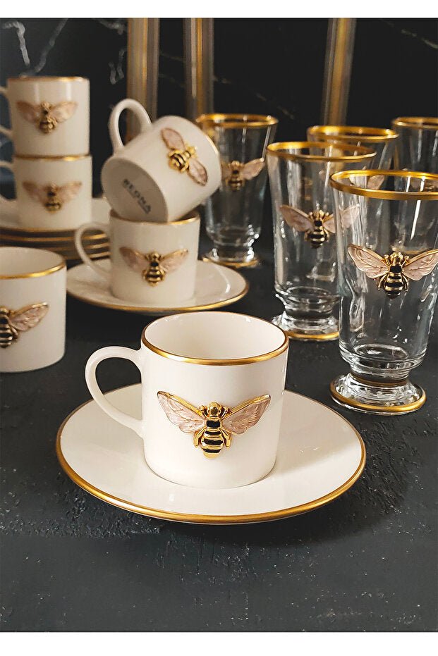 Regna Home Queen Bee Luxury Gilded Porcelain Turkish Coffee Set - 18 Piece - TryAladdin