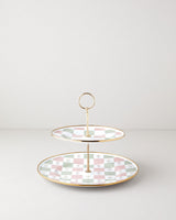 Premium Retro Enamel Two Tier Serving Tray Pink Green