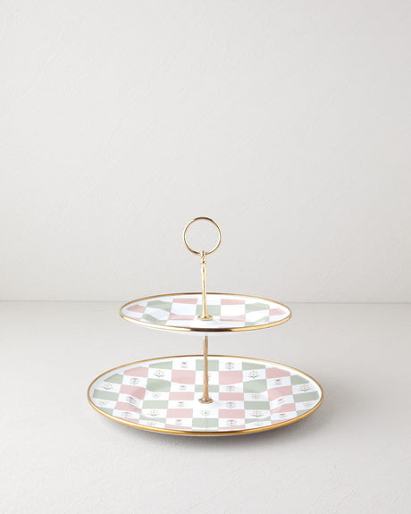 Premium Retro Enamel Two Tier Serving Tray Pink Green