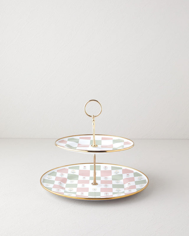 Premium Retro Enamel Two Tier Serving Tray Pink Green