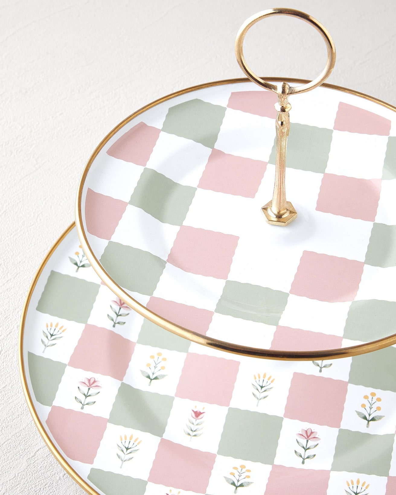 Premium Retro Enamel Two Tier Serving Tray Pink Green
