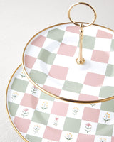 Premium Retro Enamel Two Tier Serving Tray Pink Green