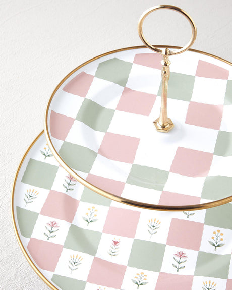 Premium Retro Enamel Two Tier Serving Tray Pink Green