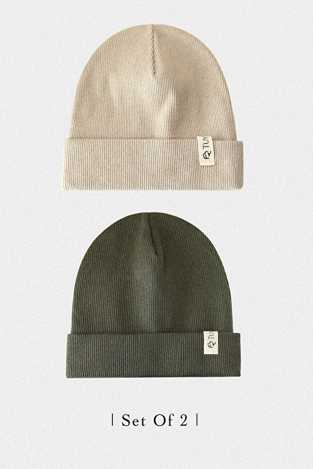 Ribbed Baby Beanie Set - Beige & Khaki 2 - Pack) - TryAladdin