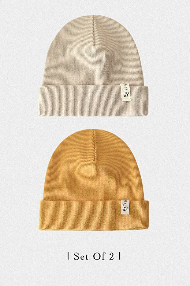 Ribbed Beanie Set Beige & Mustard 2 - Pack - TryAladdin