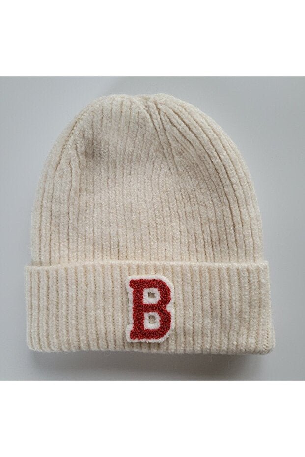 Ribbed Wool Beanie - 'B' Letter Patch, Folded cuff - TryAladdin