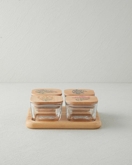Professional Glass Wood Lidded 4 Compartment Breakfast Server