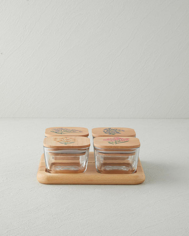 Professional Glass Wood Lidded 4 Compartment Breakfast Server