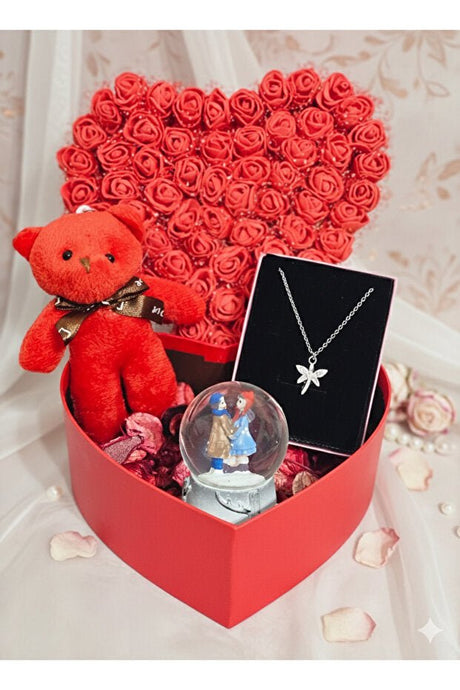 Romantic Red Heart Gift Box with Plush Bear, Snow Globe & Necklace - TryAladdin