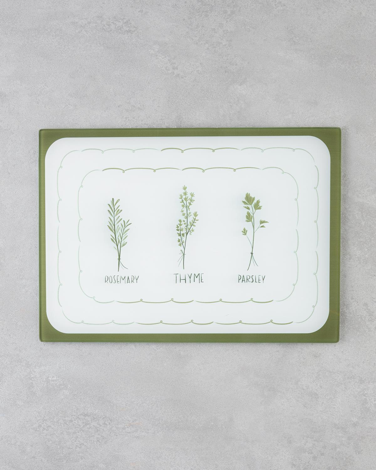 Professional Grade Rosemary Pattern Glass Cutting Board   25x35cm Green White