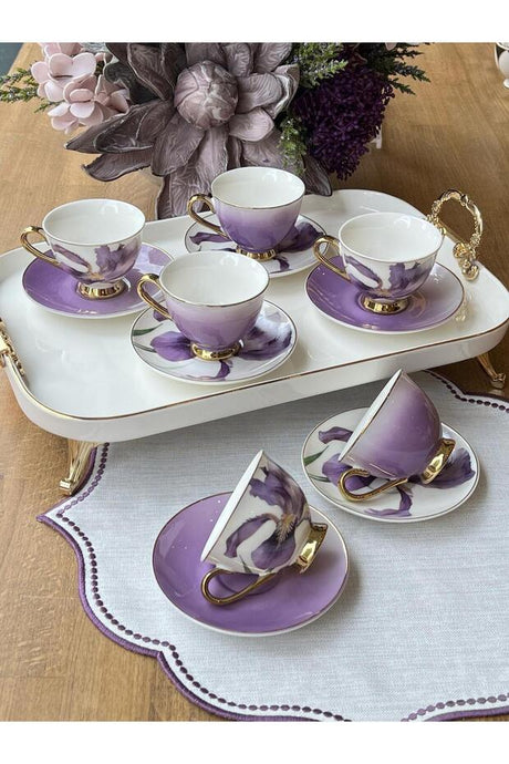 Rossev Professional Gilded Orchid Turkish Coffee Cup Set - 6 Person, 12 Piece - TryAladdin