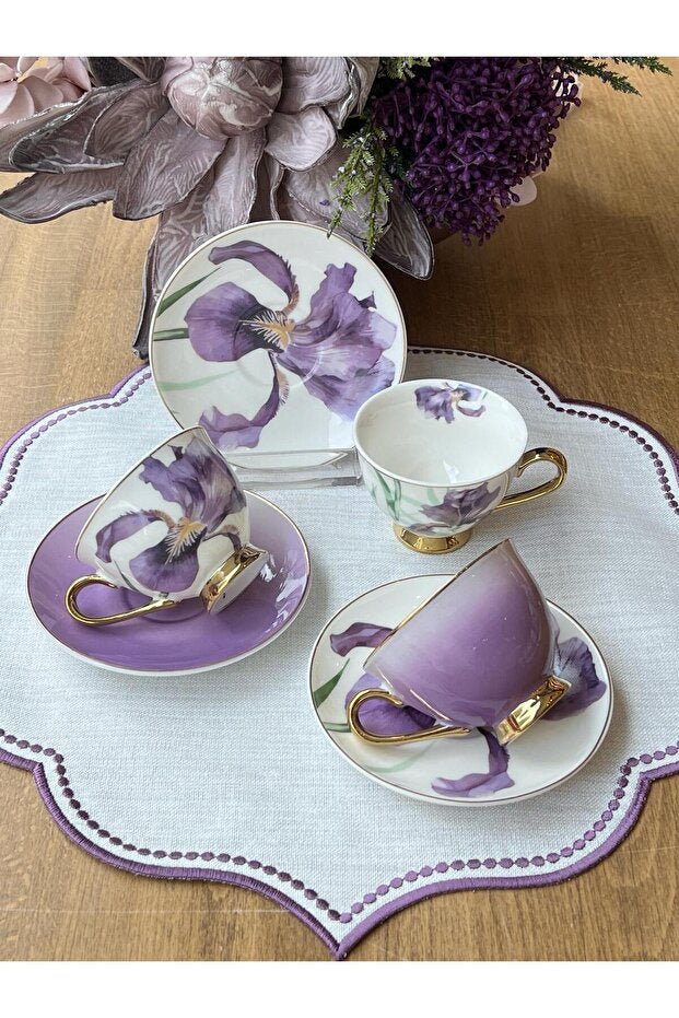 Rossev Professional Gilded Orchid Turkish Coffee Cup Set - 6 Person, 12 Piece - TryAladdin