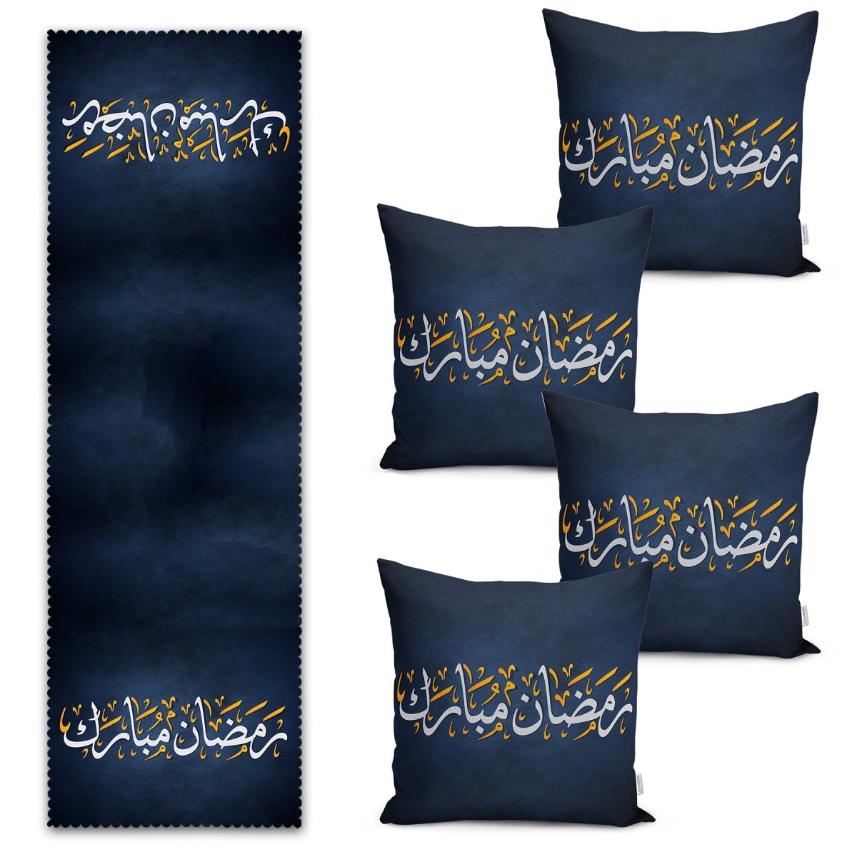 Runner and Cushion Pillow Cover Set with Dark Blue Background Featuring Ramadan Motif - TryAladdin