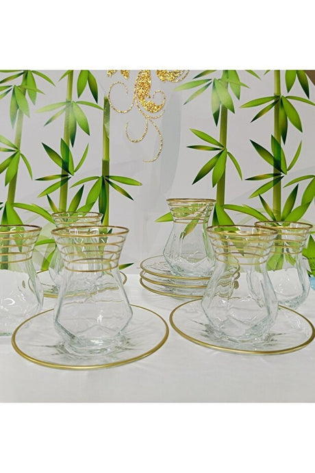 Samsa Alya Premium Gold Line Turkish Tea Glass & Saucer Set - 6 Piece - TryAladdin