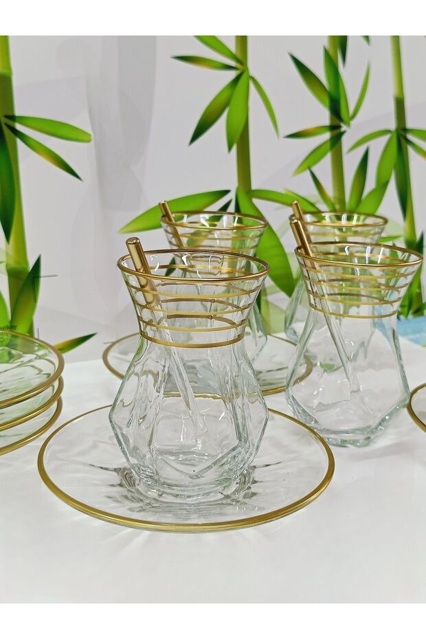 Samsa Alya Premium Gold Line Turkish Tea Glass & Saucer Set - 6 Piece - TryAladdin