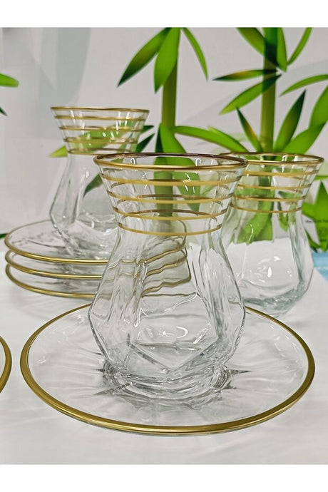 Samsa Alya Premium Gold Line Turkish Tea Glass & Saucer Set - 6 Piece - TryAladdin