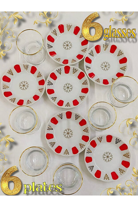 Samsa Luxury Gold Red Porcelain & Glass Tea Set - 6 Person - TryAladdin