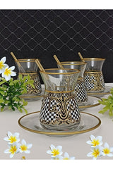 Samsa Premium Gold Black White Patterned 6 - Person Ceramic Tea Set - TryAladdin