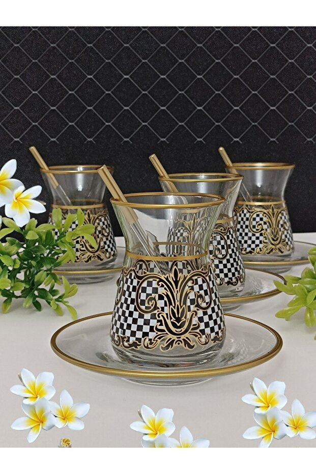 Samsa Premium Gold Black White Patterned 6 - Person Ceramic Tea Set - TryAladdin