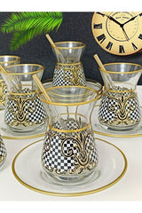Samsa Premium Gold Black White Patterned 6 - Person Ceramic Tea Set - TryAladdin