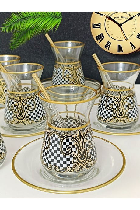 Samsa Premium Gold Black White Patterned 6 - Person Ceramic Tea Set - TryAladdin